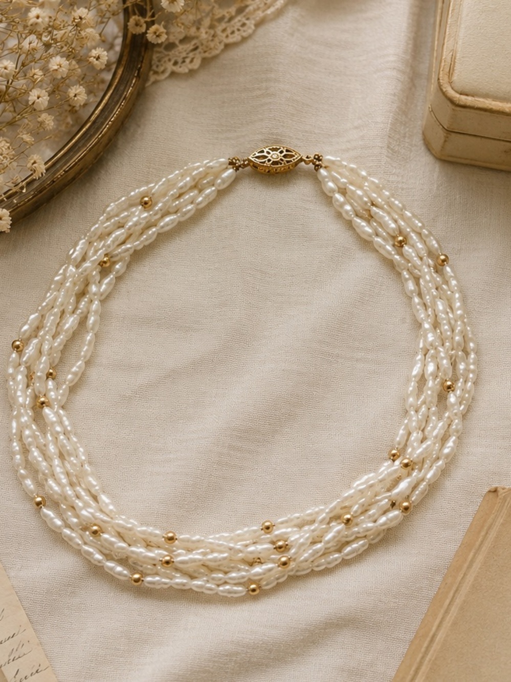 Vintage Multi Strand Faux Pearl Necklace | Layered Seed Pearl Style Choker